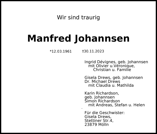 Traueranzeige von Manfred Johannsen von Lübecker Nachrichten