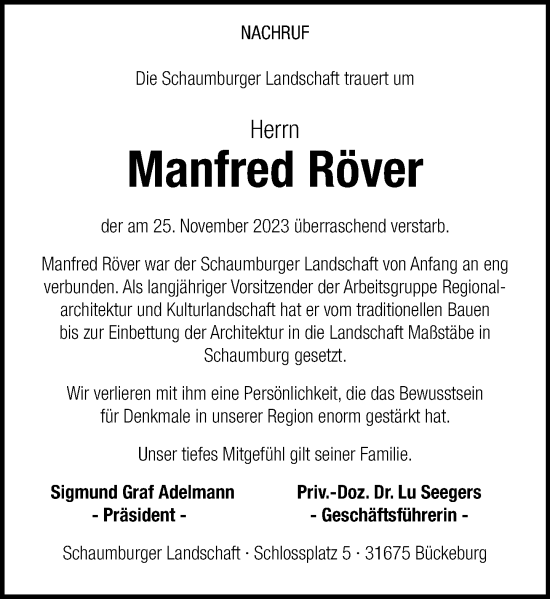 Traueranzeige von Manfred Röver von Schaumburger Nachrichten und Schaumburger Zeitung/ Landes-Zeitung