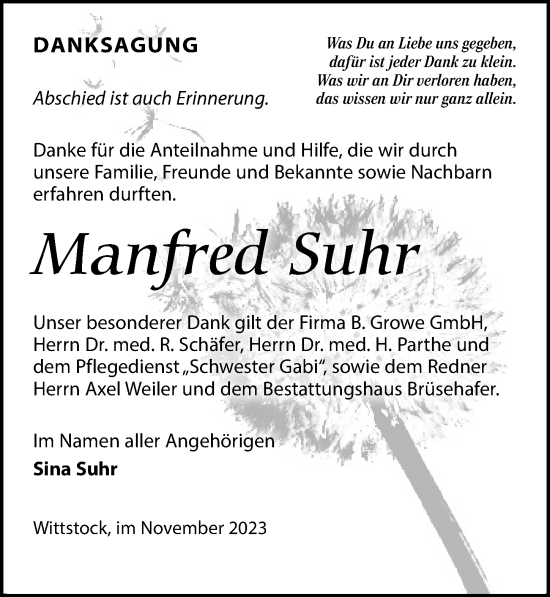 Traueranzeige von Manfred Suhr von Wochenspiegel