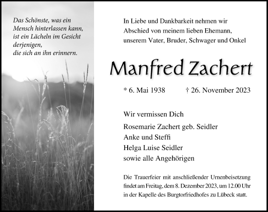 Traueranzeige von Manfred Zachert von Lübecker Nachrichten
