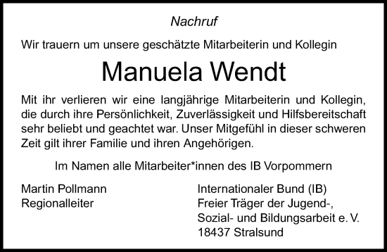 Traueranzeige von Manuela Wendt