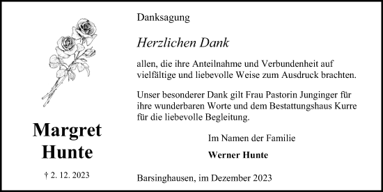 Traueranzeige von Margret Hunte von Hannoversche Allgemeine Zeitung/Neue Presse