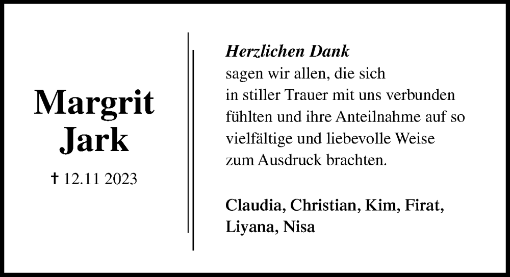  Traueranzeige für Margrit Jark vom 10.12.2023 aus Lübecker Nachrichten