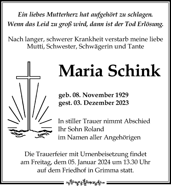 Traueranzeige von Maria Schink von Leipziger Volkszeitung