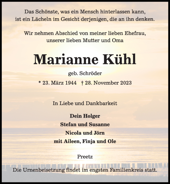 Traueranzeige von Marianne Kühl von Kieler Nachrichten