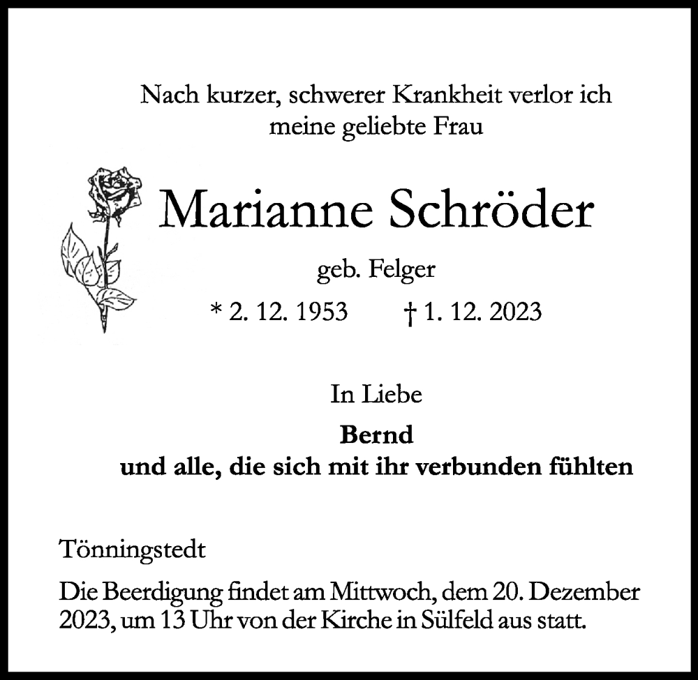  Traueranzeige für Marianne Schröder vom 09.12.2023 aus Kieler Nachrichten