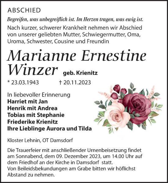 Traueranzeige von Marianne Winzer von Märkischen Allgemeine Zeitung