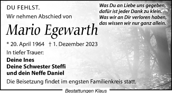 Traueranzeige von Mario Egewarth von Leipziger Volkszeitung