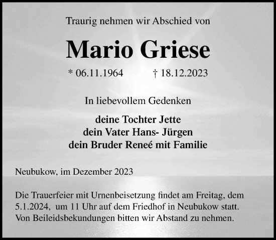 Traueranzeige von Mario Griese von Ostsee-Zeitung GmbH