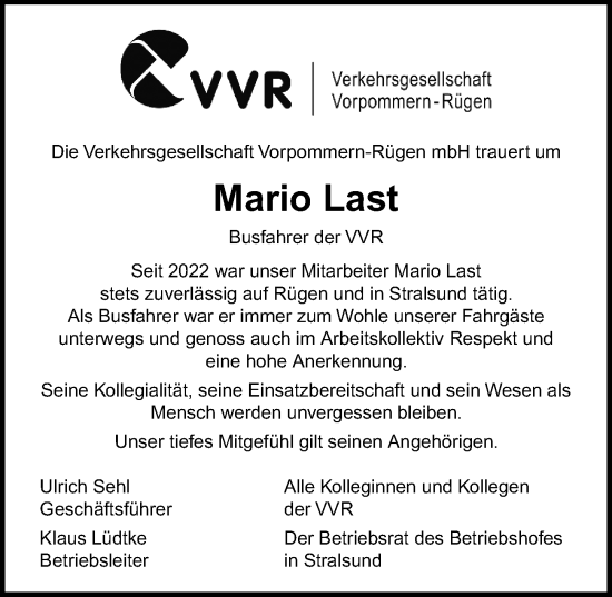 Traueranzeige von Mario Last von Ostsee-Zeitung GmbH