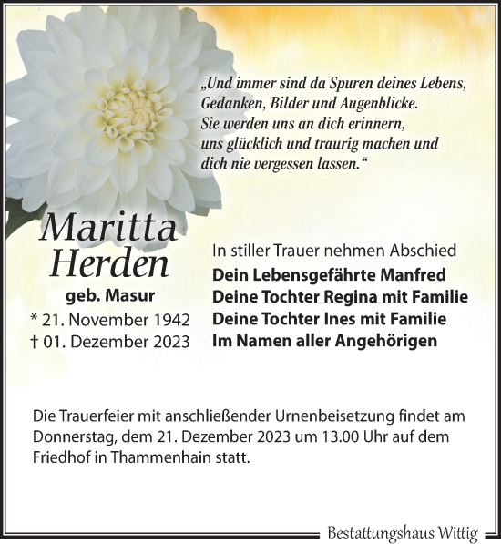 Traueranzeige von Maritta Herden von Leipziger Volkszeitung