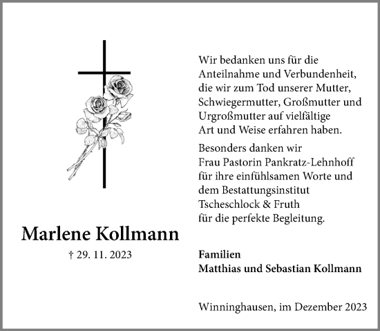 Traueranzeige von Marlene Kollmann von Hannoversche Allgemeine Zeitung/Neue Presse