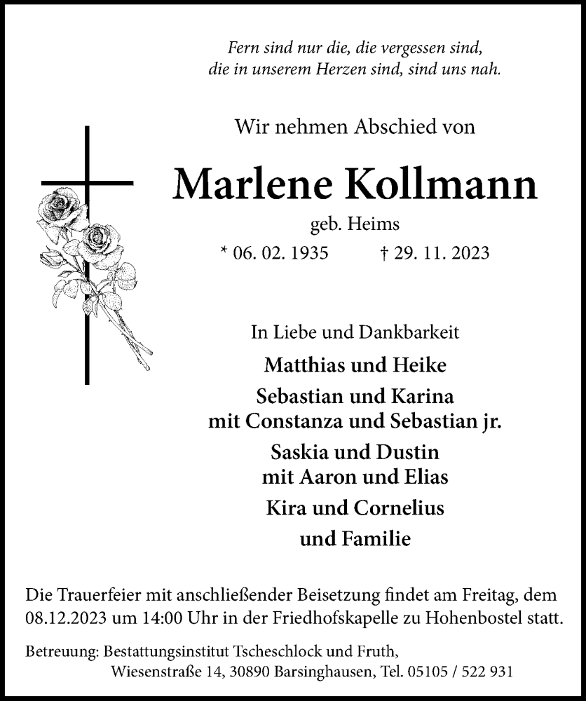  Traueranzeige für Marlene Kollmann vom 02.12.2023 aus Hannoversche Allgemeine Zeitung/Neue Presse