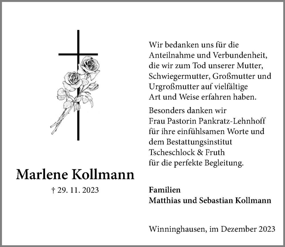  Traueranzeige für Marlene Kollmann vom 30.12.2023 aus Hannoversche Allgemeine Zeitung/Neue Presse