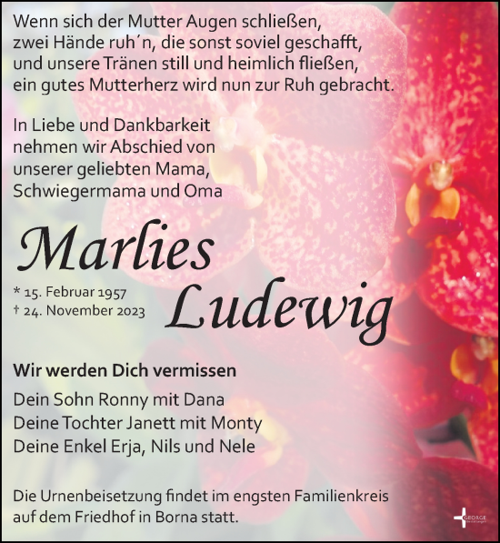 Traueranzeige von Marlies Ludewig von Leipziger Volkszeitung