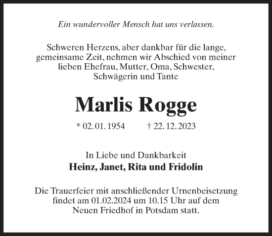 Traueranzeige von Marlis Rogge von Märkischen Allgemeine Zeitung