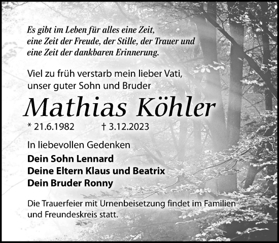 Traueranzeige von Mathias Köhler von Leipziger Volkszeitung
