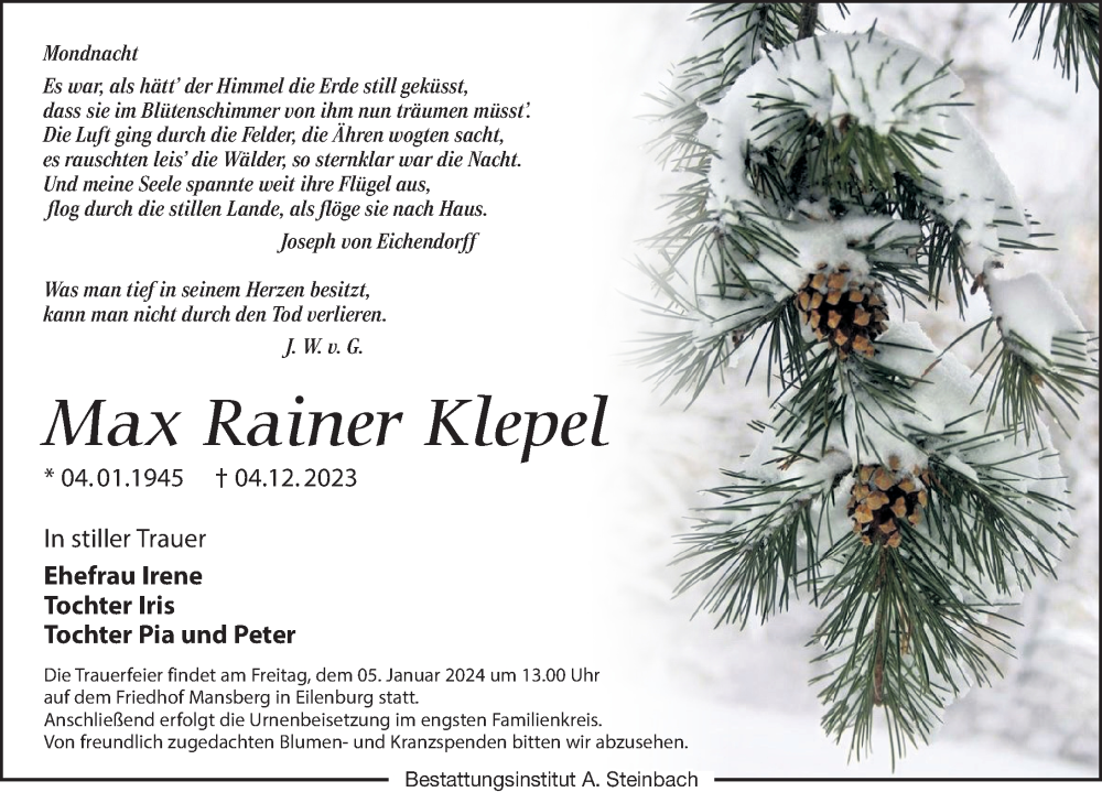  Traueranzeige für Max Rainer Klepel vom 16.12.2023 aus Leipziger Volkszeitung