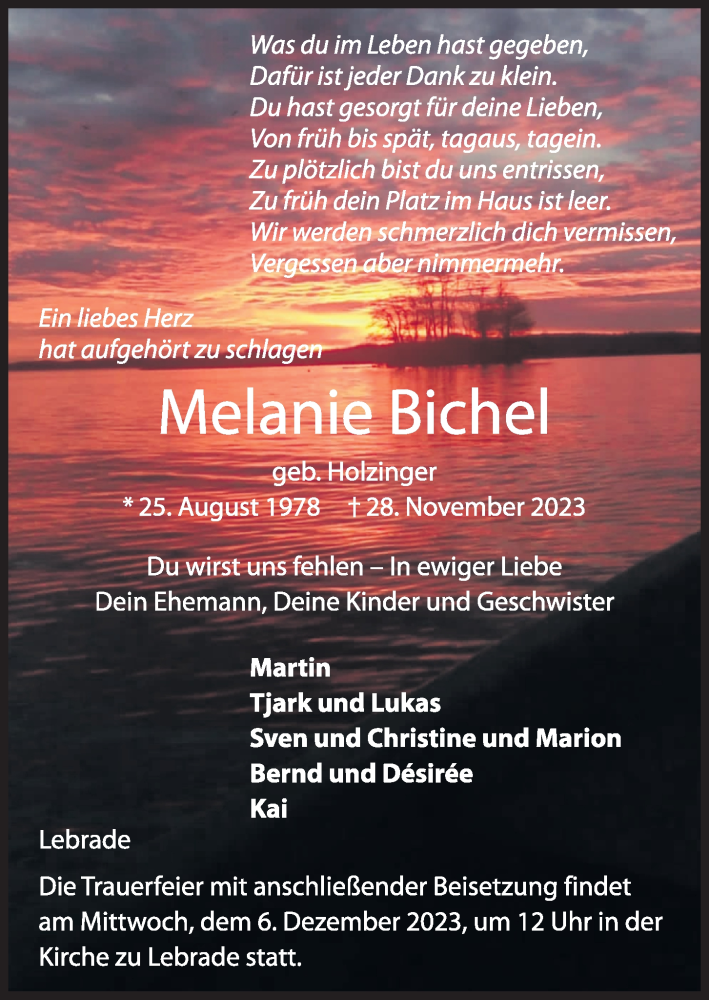  Traueranzeige für Melanie Bichel vom 01.12.2023 aus Kieler Nachrichten