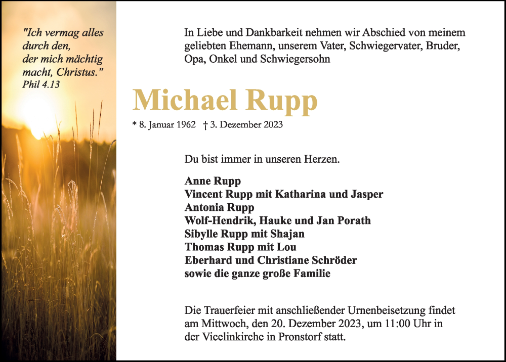  Traueranzeige für Michael Rupp vom 13.12.2023 aus Kieler Nachrichten