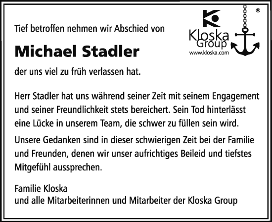 Traueranzeige von Michael Stadler von Ostsee-Zeitung GmbH