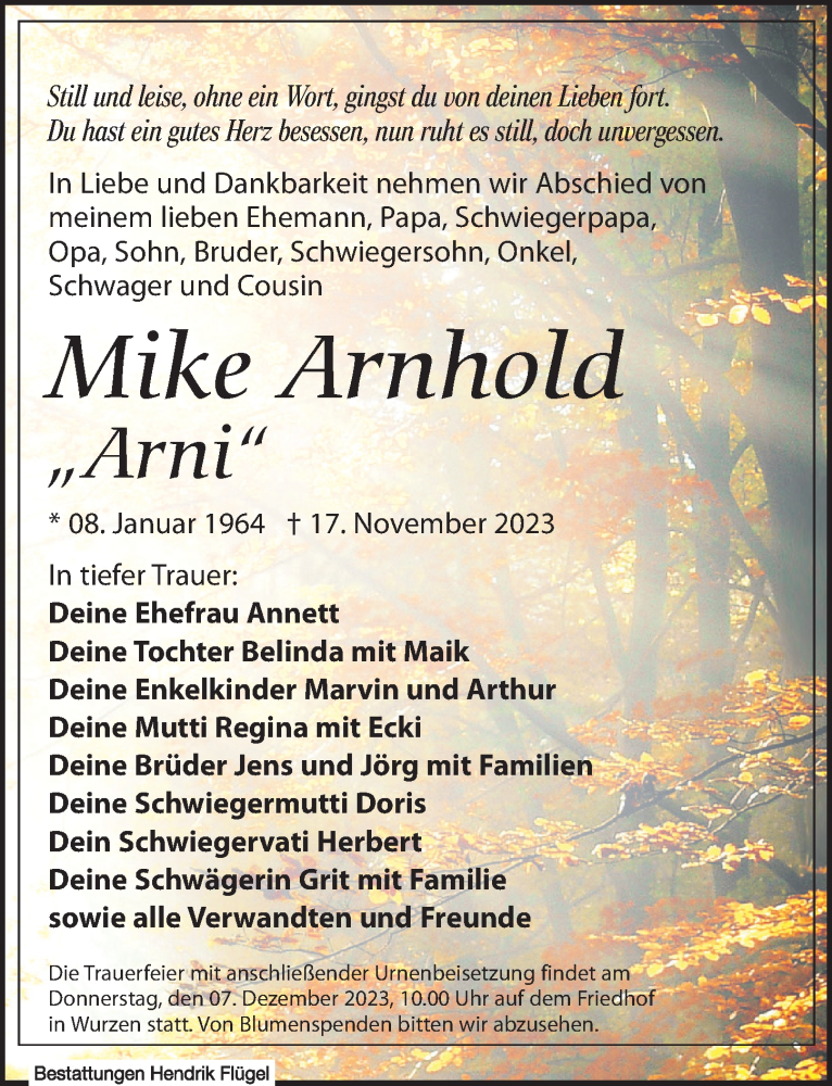  Traueranzeige für Mike Arnhold vom 02.12.2023 aus Leipziger Volkszeitung