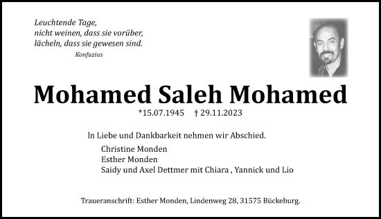 Traueranzeige von Mohamed Saleh Mohamed von Schaumburger Nachrichten und Schaumburger Zeitung/ Landes-Zeitung