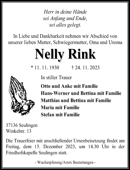 Traueranzeige von Nelly Rink von Eichsfelder Tageblatt