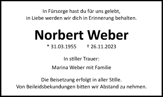 Traueranzeige von Norbert Weber von Ostsee-Zeitung GmbH