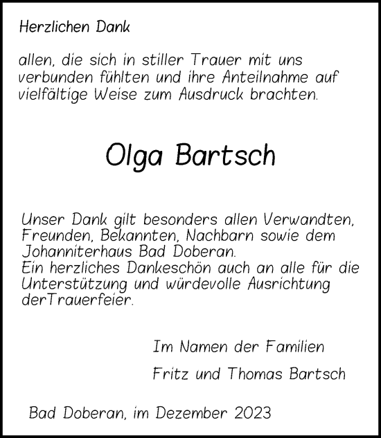 Traueranzeige von Olga Bartsch von Ostsee-Zeitung GmbH