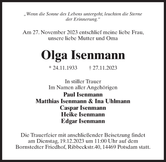 Traueranzeige von Olga Isenmann von Märkischen Allgemeine Zeitung