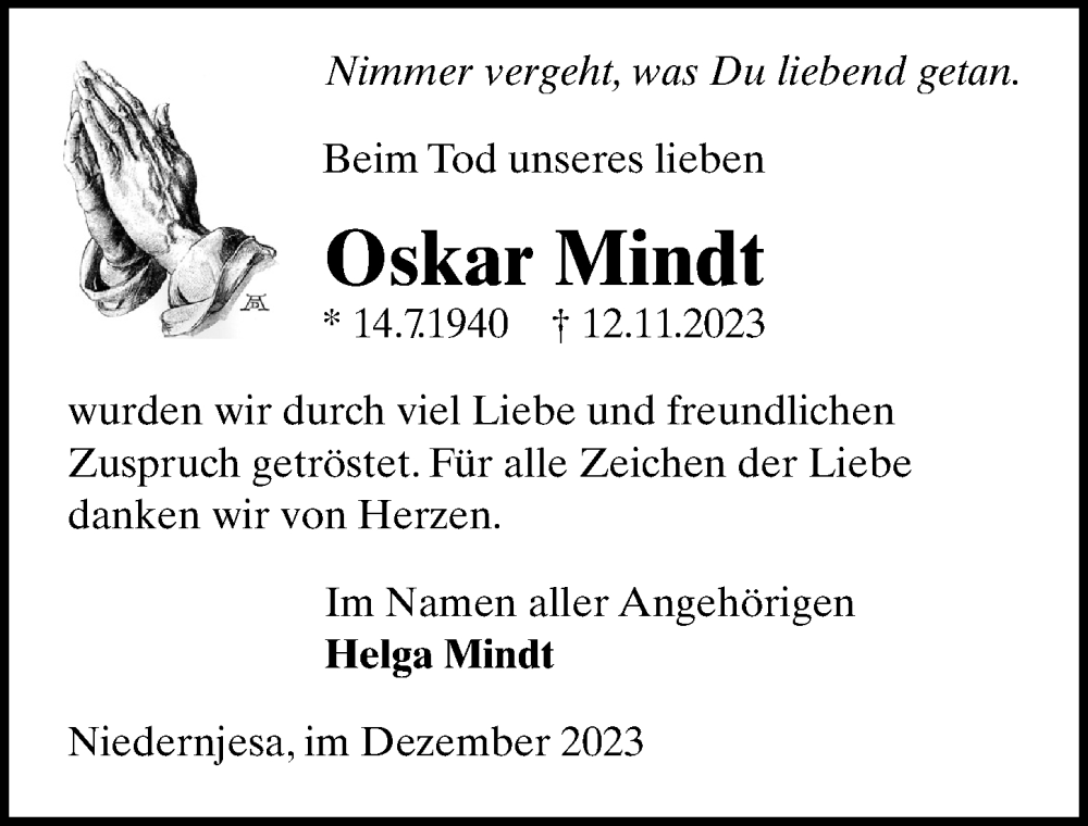  Traueranzeige für Oskar Mindt vom 02.12.2023 aus Göttinger Tageblatt