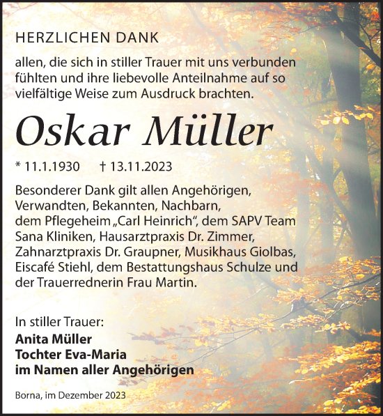 Traueranzeige von Oskar Müller von Leipziger Volkszeitung