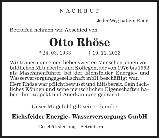 Traueranzeige von Otto Rhöse von Eichsfelder Tageblatt