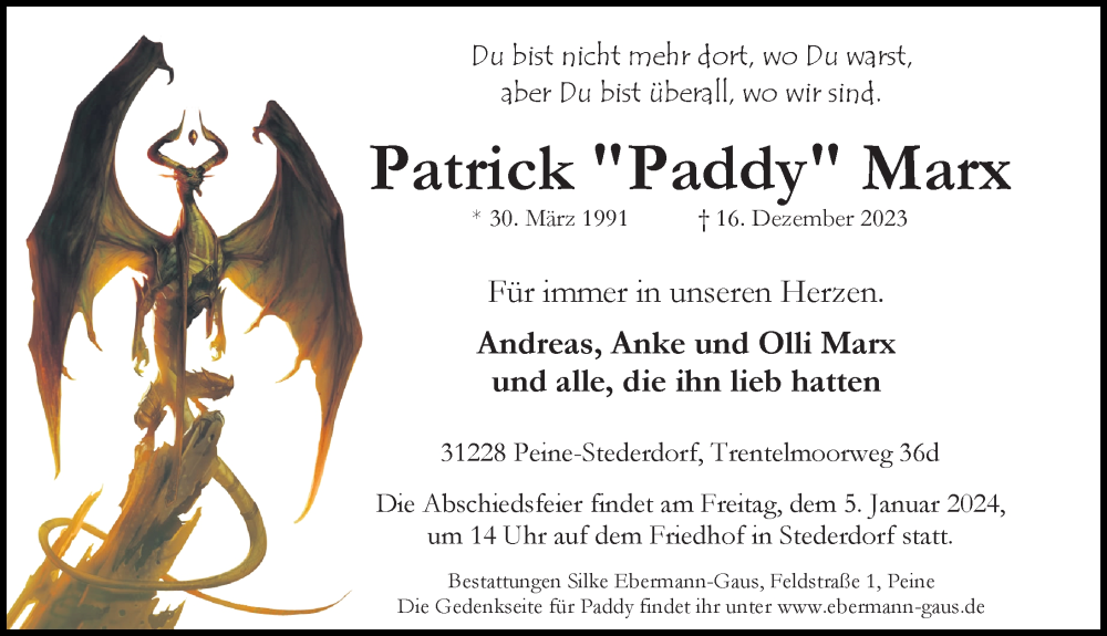  Traueranzeige für Patrick Marx vom 23.12.2023 aus Peiner Allgemeine Zeitung