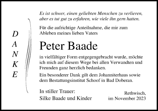 Traueranzeige von Peter Baade von Ostsee-Zeitung GmbH