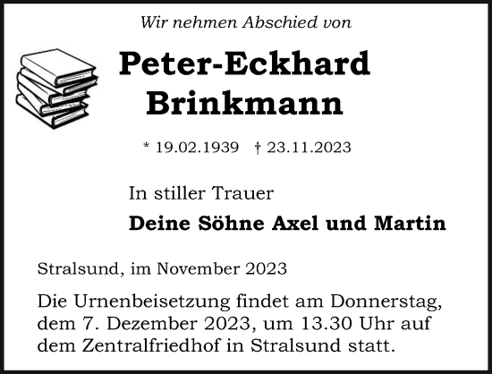 Traueranzeige von Peter-Eckhard Brinkmann von Ostsee-Zeitung GmbH