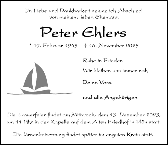 Traueranzeige von Peter Ehlers von Kieler Nachrichten