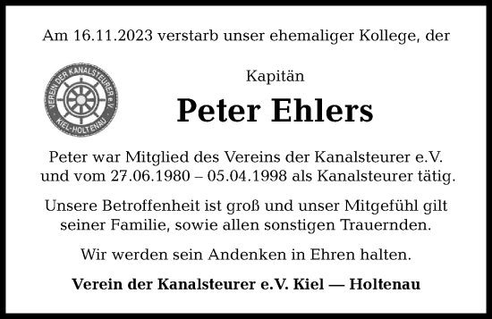 Traueranzeige von Peter Ehlers von Kieler Nachrichten