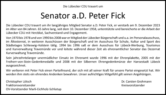 Traueranzeige von Peter Fick von Lübecker Nachrichten