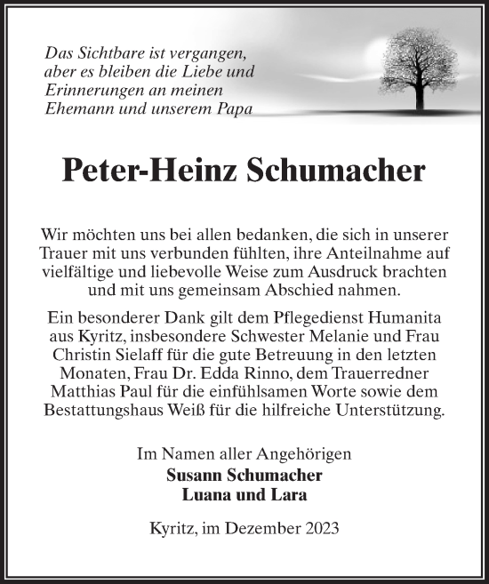 Traueranzeige von Peter-Heinz Schumacher von Wochenspiegel