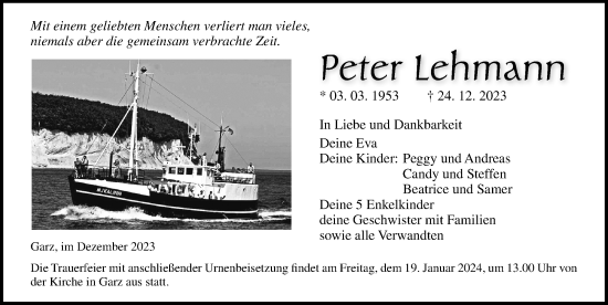 Traueranzeige von Peter Lehmann von Ostsee-Zeitung GmbH