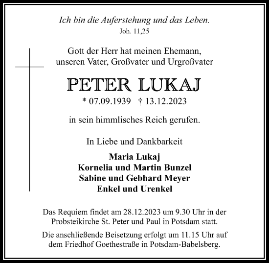 Traueranzeige von Peter Lukaj von Märkischen Allgemeine Zeitung