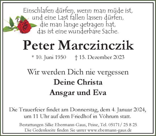 Traueranzeige von Peter Marczinczik von Peiner Allgemeine Zeitung