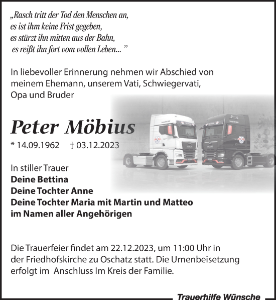 Traueranzeige von Peter Möbius von Leipziger Volkszeitung