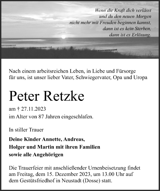 Traueranzeige von Peter Retzke von Wochenspiegel