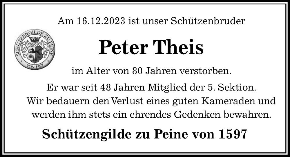  Traueranzeige für Peter Theis vom 23.12.2023 aus Peiner Allgemeine Zeitung