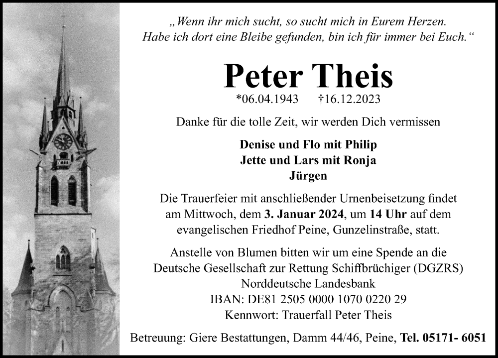  Traueranzeige für Peter Theis vom 23.12.2023 aus Peiner Allgemeine Zeitung