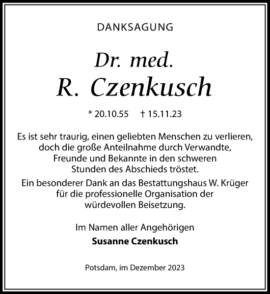 Traueranzeige von R. Czenkusch von Märkischen Allgemeine Zeitung