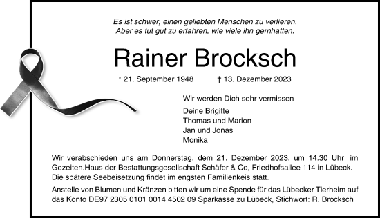 Traueranzeige von Rainer Brocksch von Lübecker Nachrichten